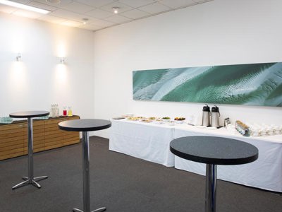 Sustain room with food and drinks tables