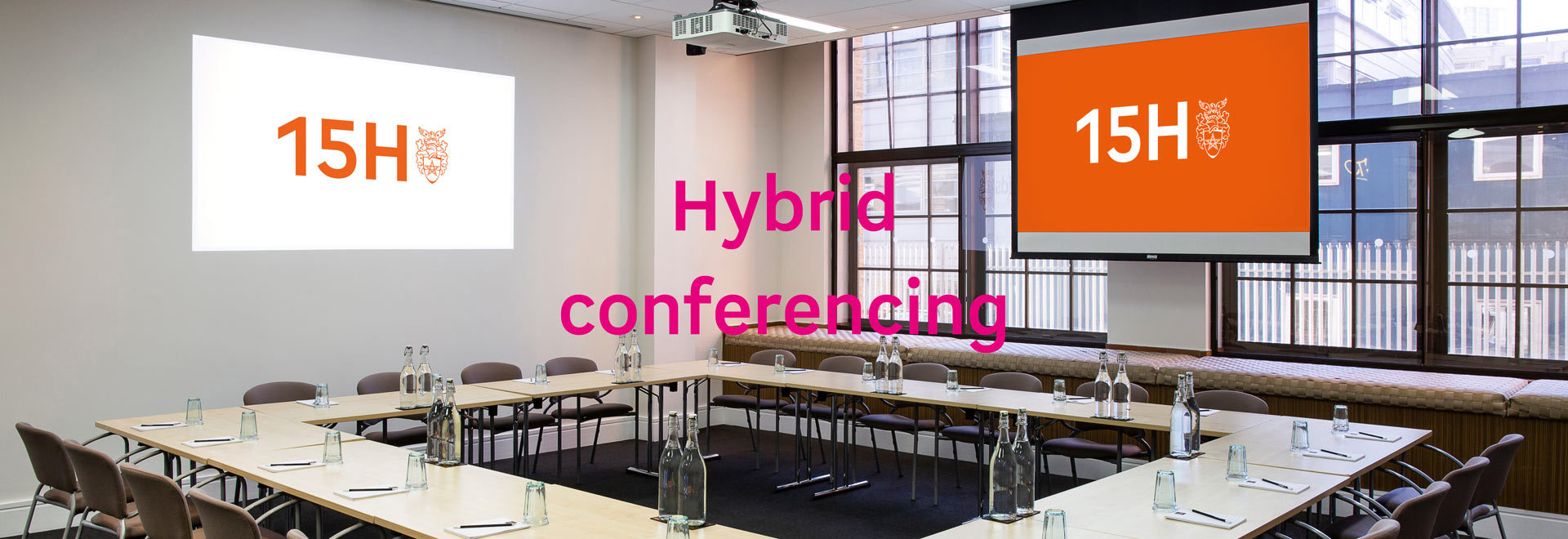 15Hatfields conference room with boardroom seating and the words 'Hybrid conferencing'