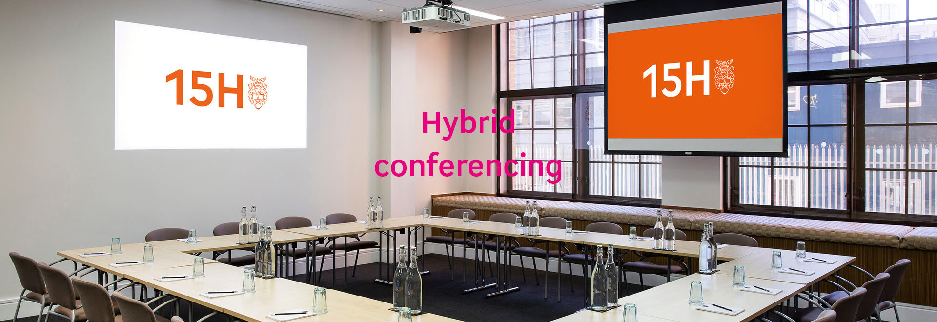 15Hatfields conference room with boardroom seating and the words 'Hybrid conferencing'