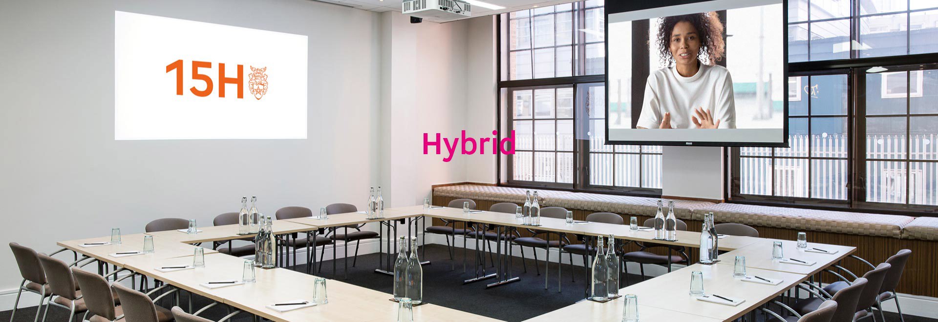 15Hatfields meeting room with boardroom seating and the words 'Hybrid'